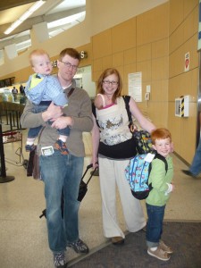 Five redheads ready to board the airplane